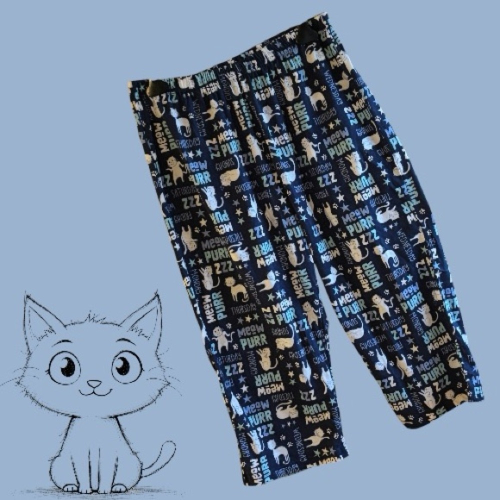 👛 (ANY 2/$15) GTLY Crop Length Cat Theme Pajama Bottoms Blue/White